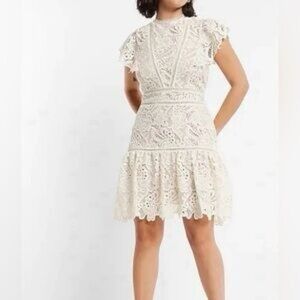Express Cream Lace Flutter Sleeve Dress Wedding Special Event Women’s Large